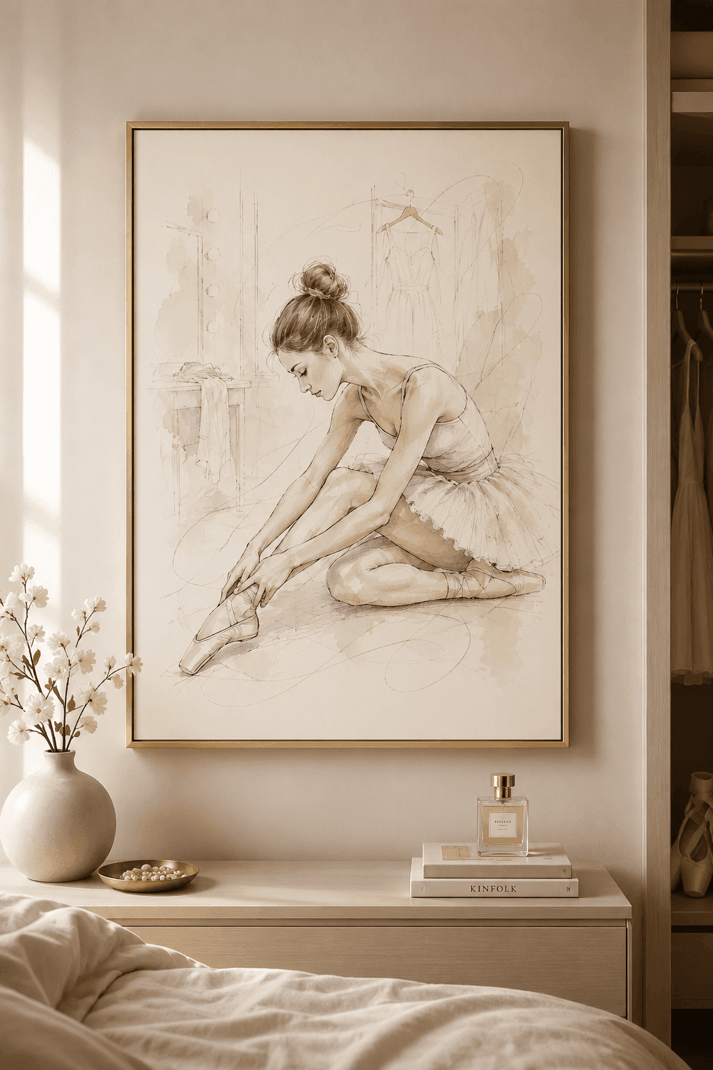 A photo of a dog turned into a custom framed pet portrait hanging on a wall by Framory.