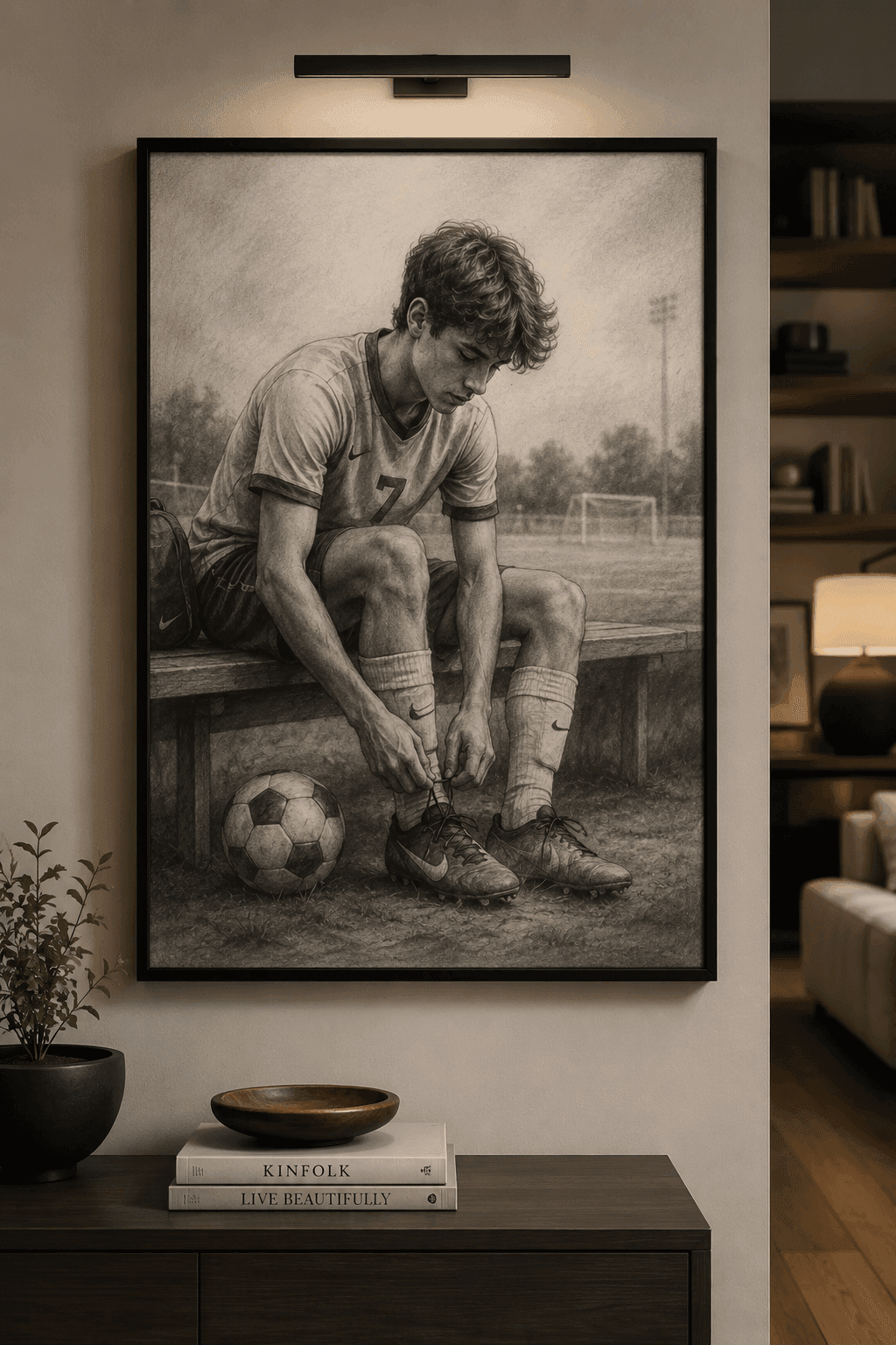 A custom charcoal portrait created from a photo, framed and hung on a wall by Framory.
