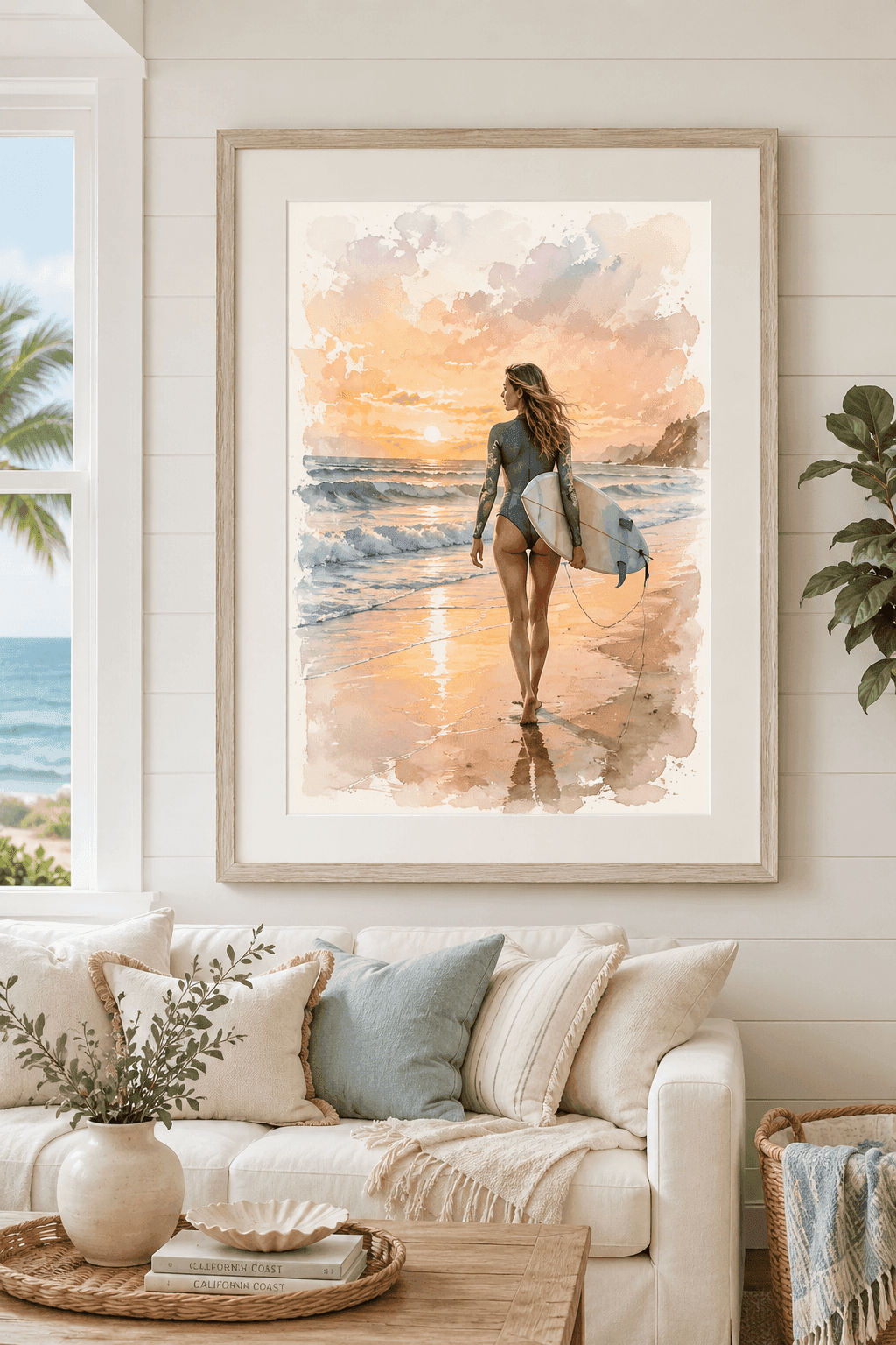 A photo transformed into a framed watercolor painting and hung on a wall by Framory.